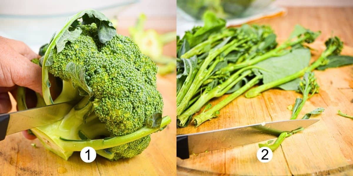 Broccoli and broccolini getting chopped.