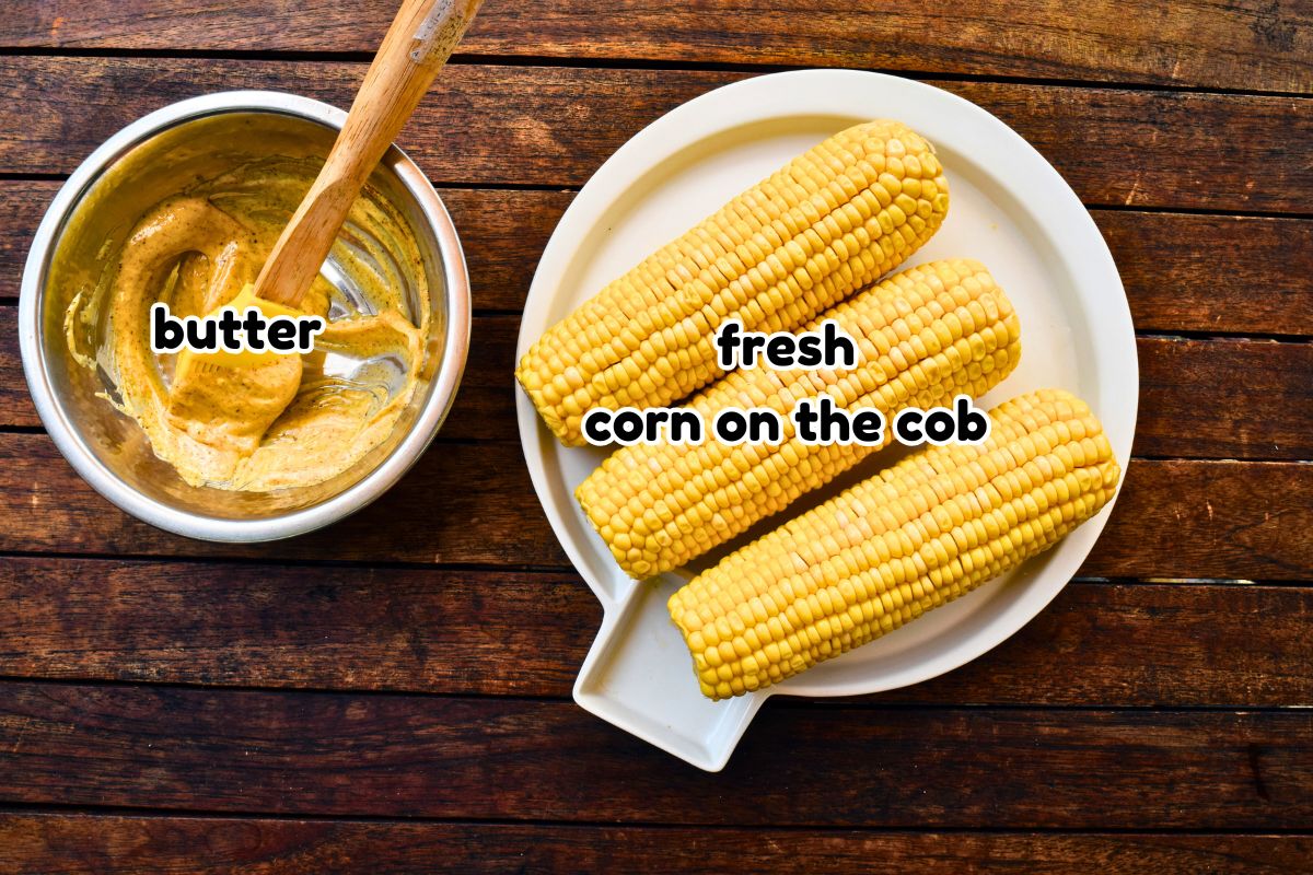 Fresh corn on the cob and spiced butter mixture, labeled.
