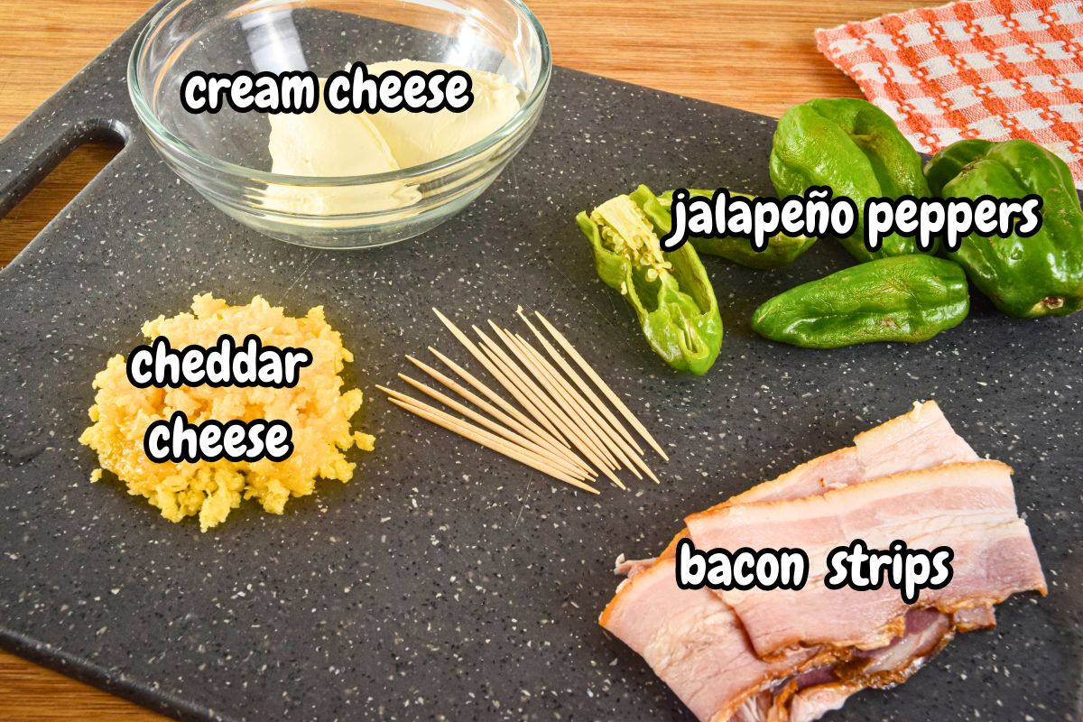 Grilled jalapeño popper ingredients prepped and labeled.