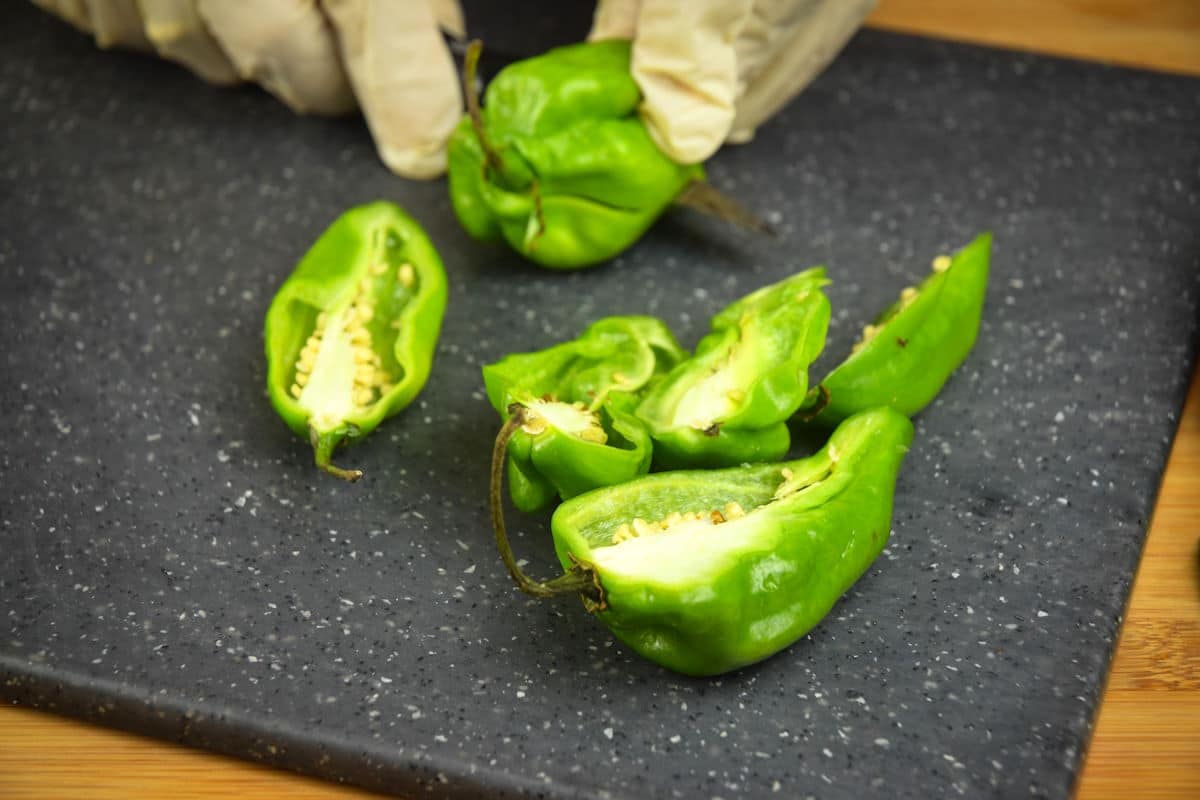 Jalapeño peppers sliced in half.
