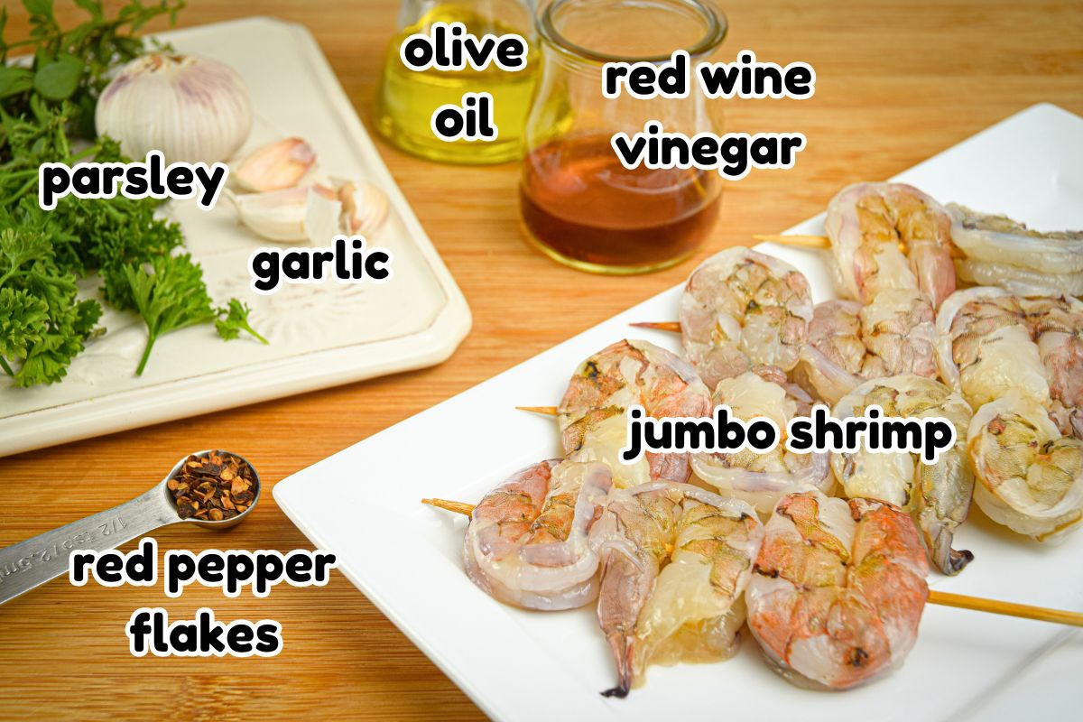 Grilled jumbo shrimp ingredients prepped and labeled.