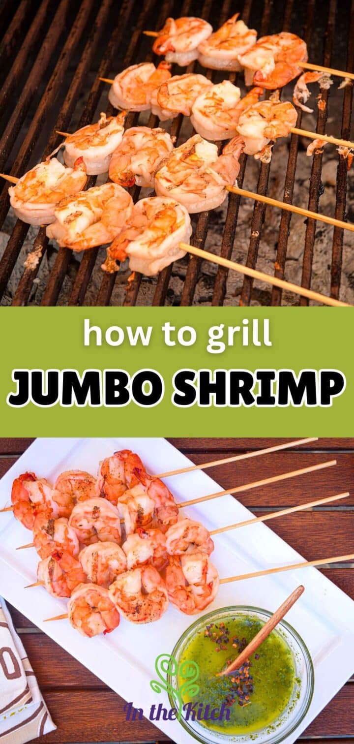 Jumbo shrimp on grill with text overlay that says 'how to grill jumbo shrimp'.