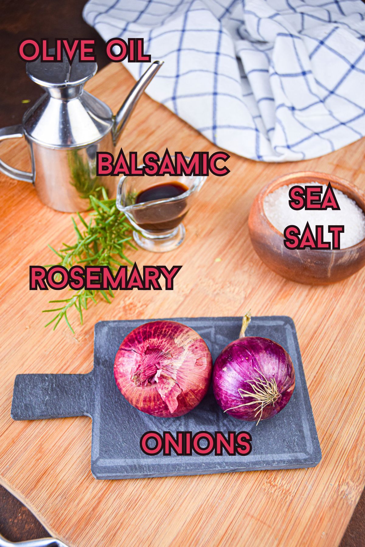 Grilled onion rings ingredients prepped and labeled.