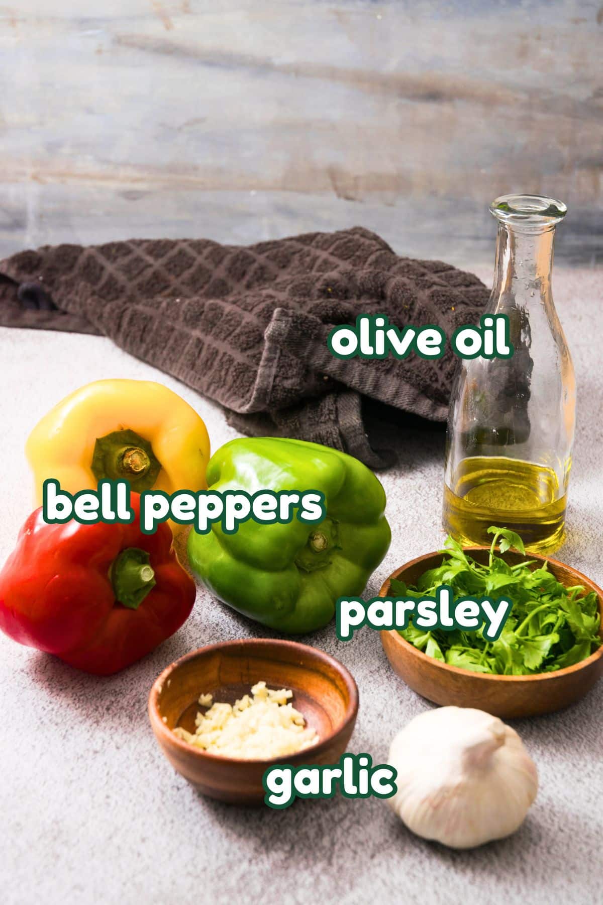 Grilled bell pepper ingredients prepped and labeled.