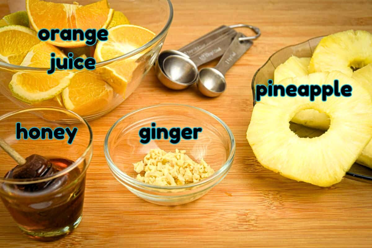 Grilled pineapple ingredients prepped and labeled.