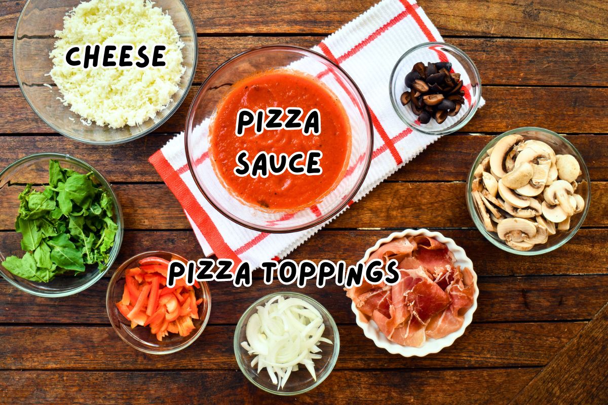 Grilled pizza ingredients prepped and labeled.