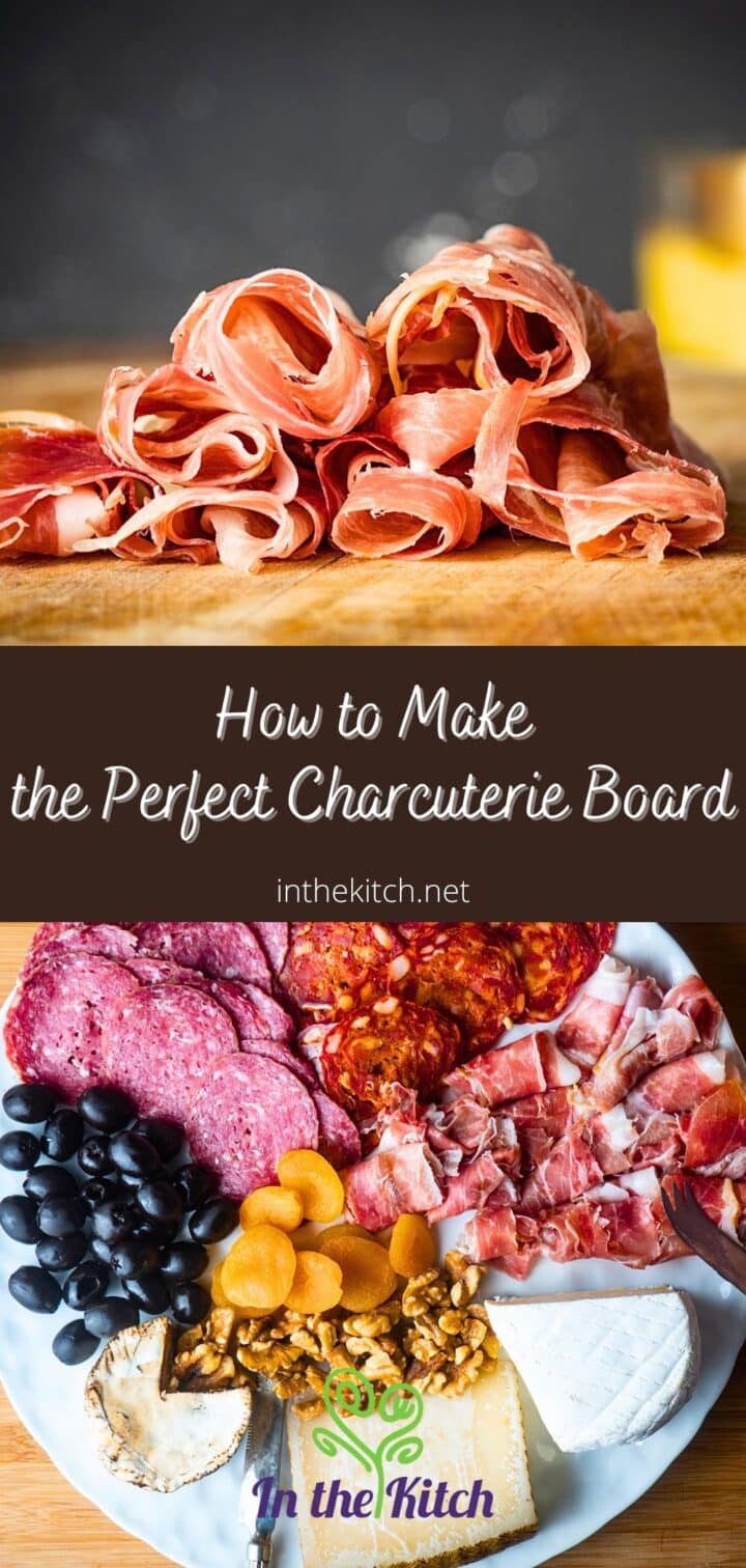 Circular charcuterie board with meat, cheese, breadsticks, nuts, apricots and olives.