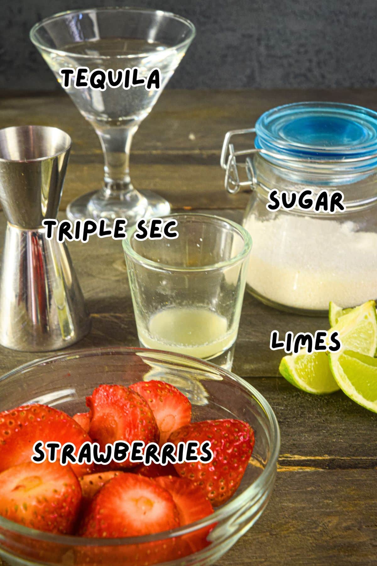 Slushy margarita ingredients prepped and labeled.