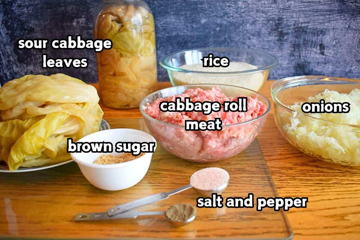 Cabbage roll ingredients labeled.