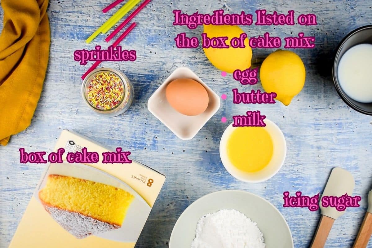 Cake mix cake pop ingredients prepped on light blue background.