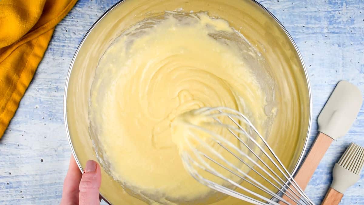 Batter in bowl with whisk.
