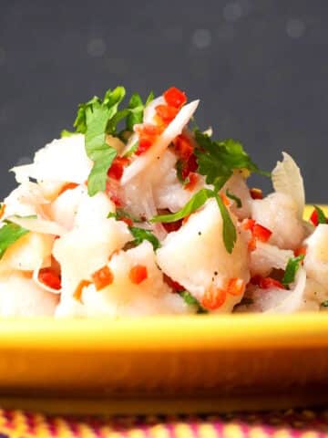Ceviche on yellow plate.