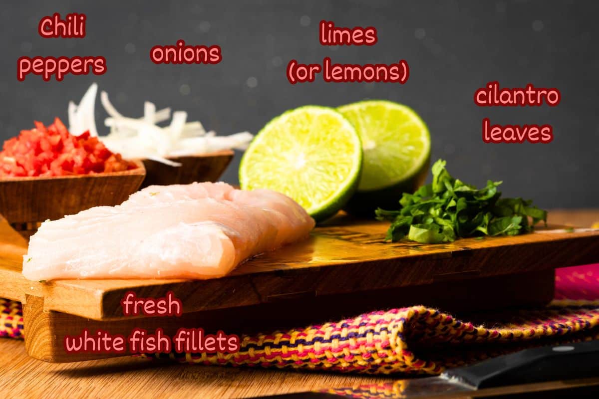 How to Make Ceviche - Step 1 Ceviche ingredients on cutting board.