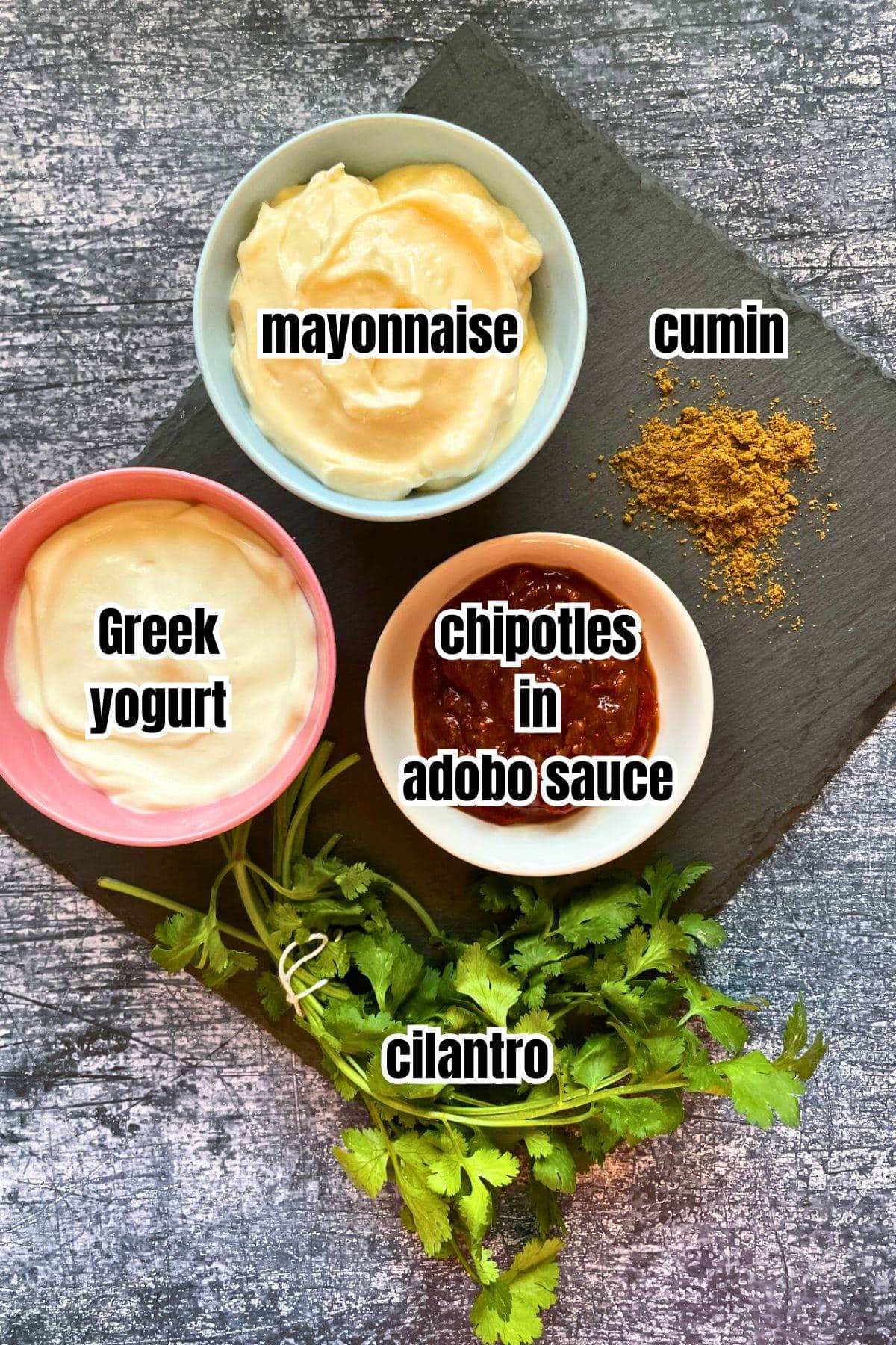 Chipotle sauce ingredients labeled on blue background.