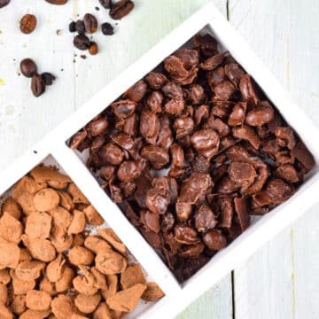 Chocolate covered coffee beans in white dish.