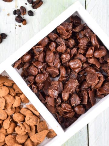 Chocolate covered coffee beans in white dish.