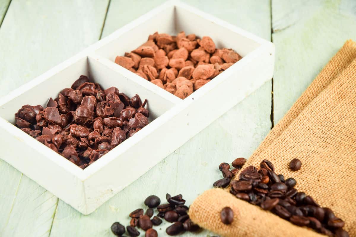 Chocolate covered coffee beans in white dish on white wooden background.