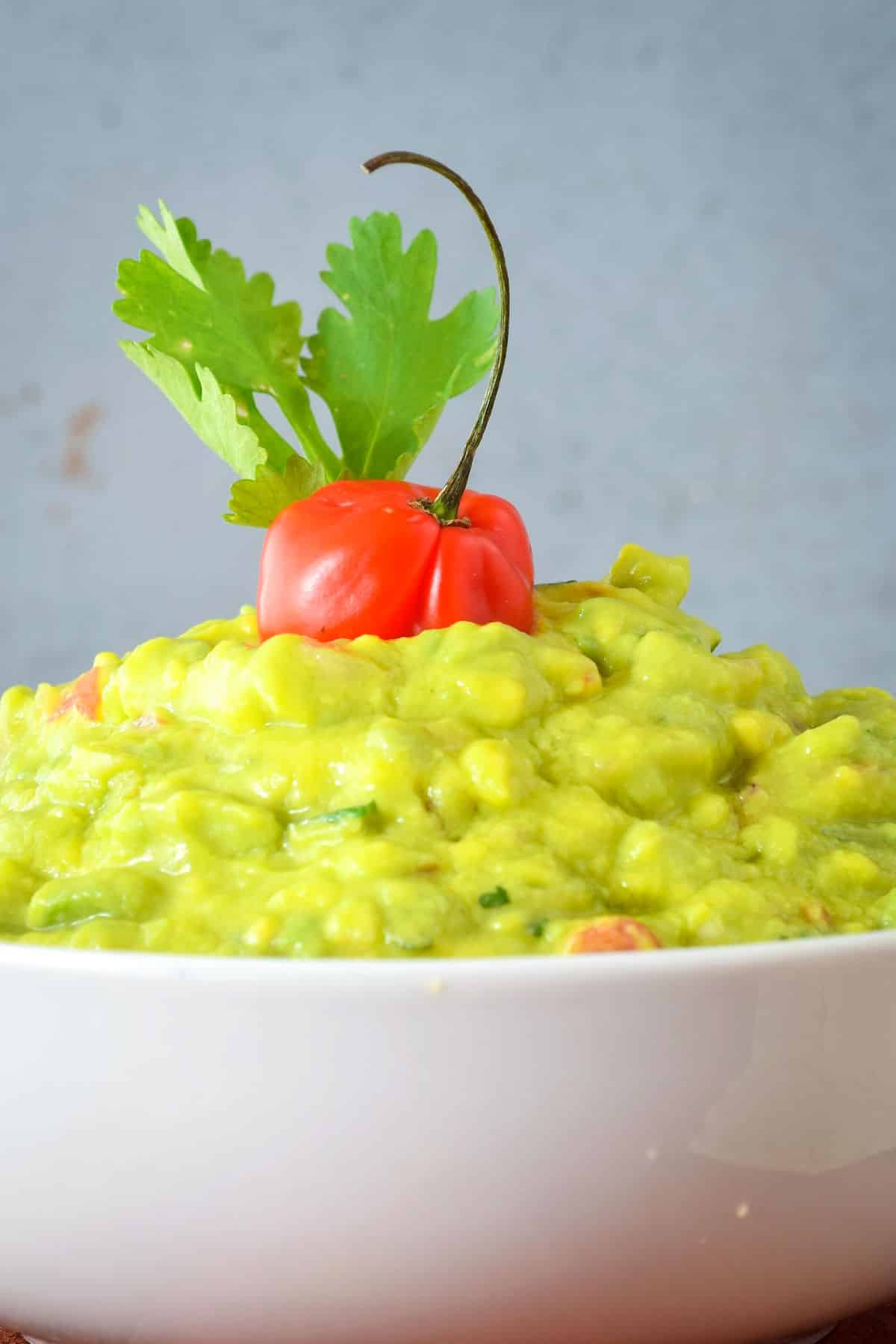Basic guacamole in white bowl with chili pepper on top.