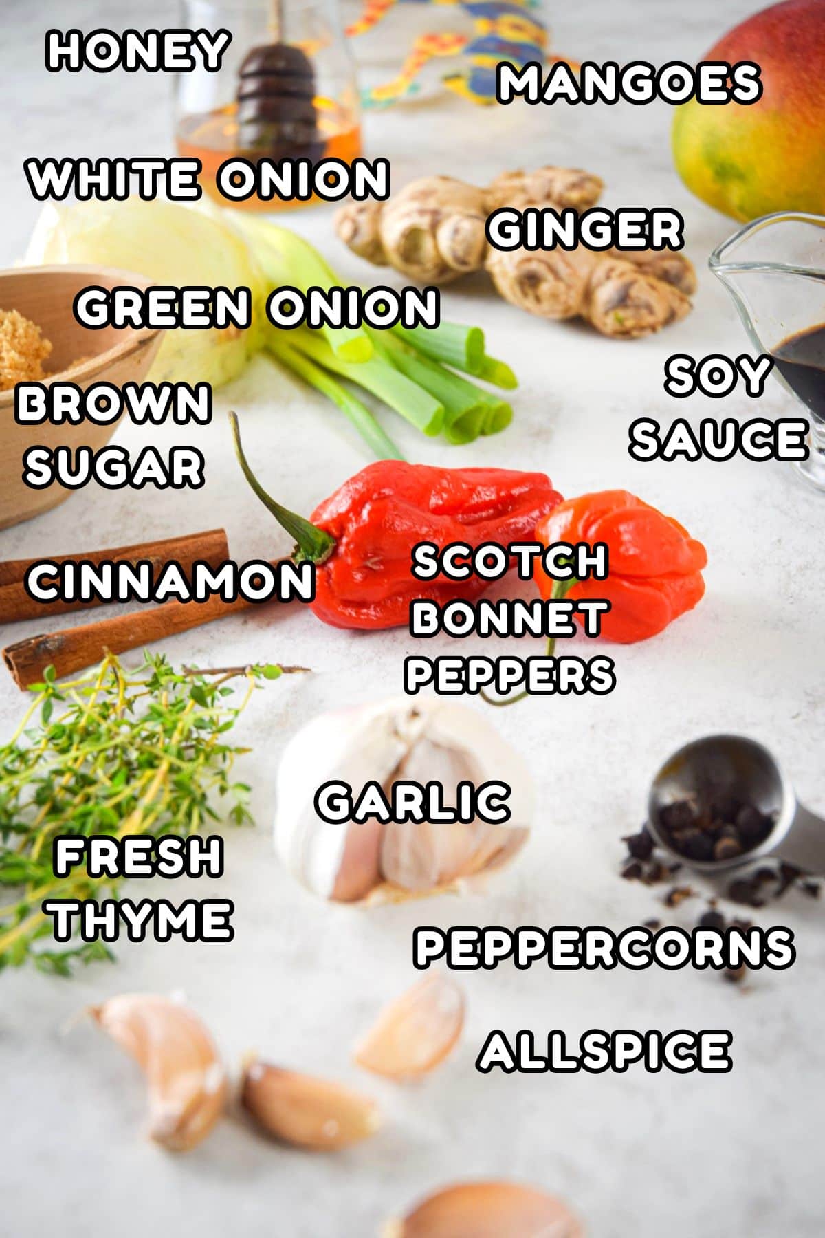 Jerk sauce ingredients prepped and labeled.
