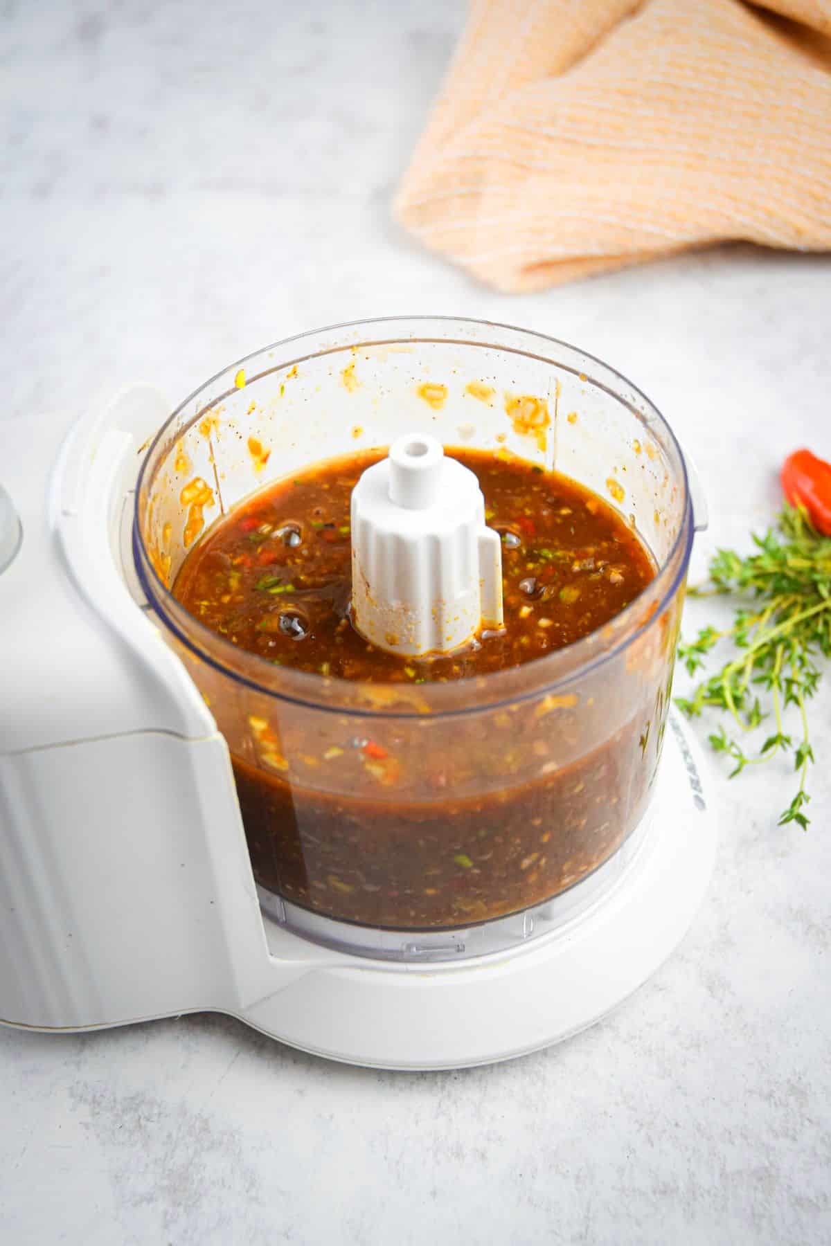 Jerk sauce prepared in food processor.