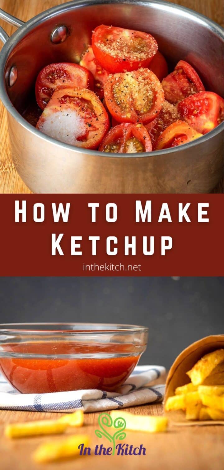 Images of ketchup in pot and in bowl with text overlay that says 'how to make ketchup'.