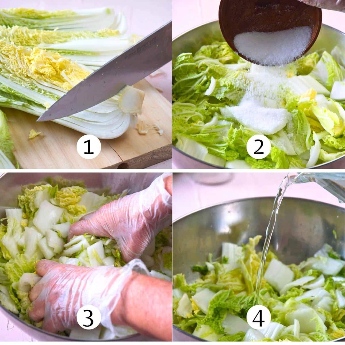 Steps collage of how to make kimchi. Cabbage prep.