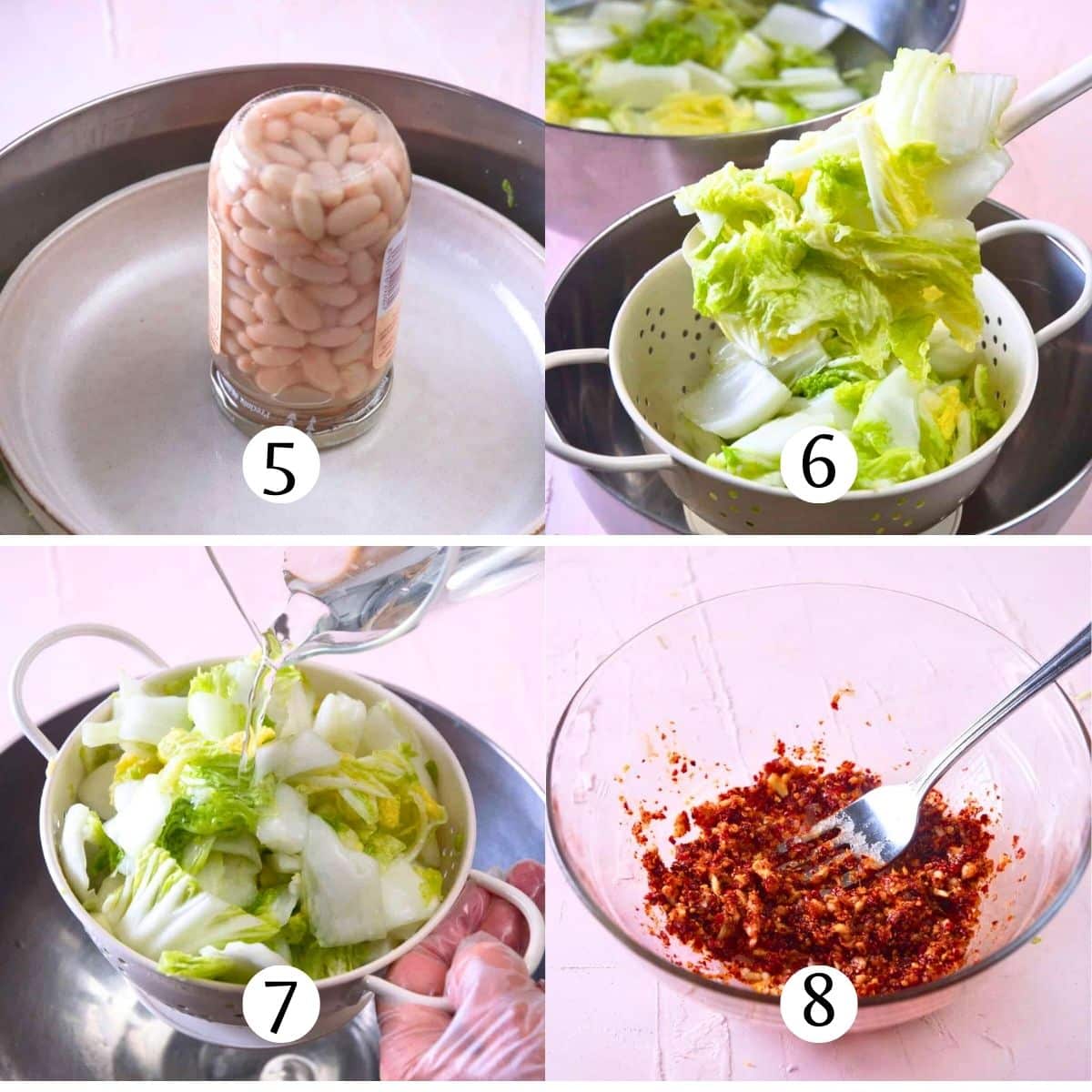 Steps collage of how to make kimchi. Seasoning the cabbage.