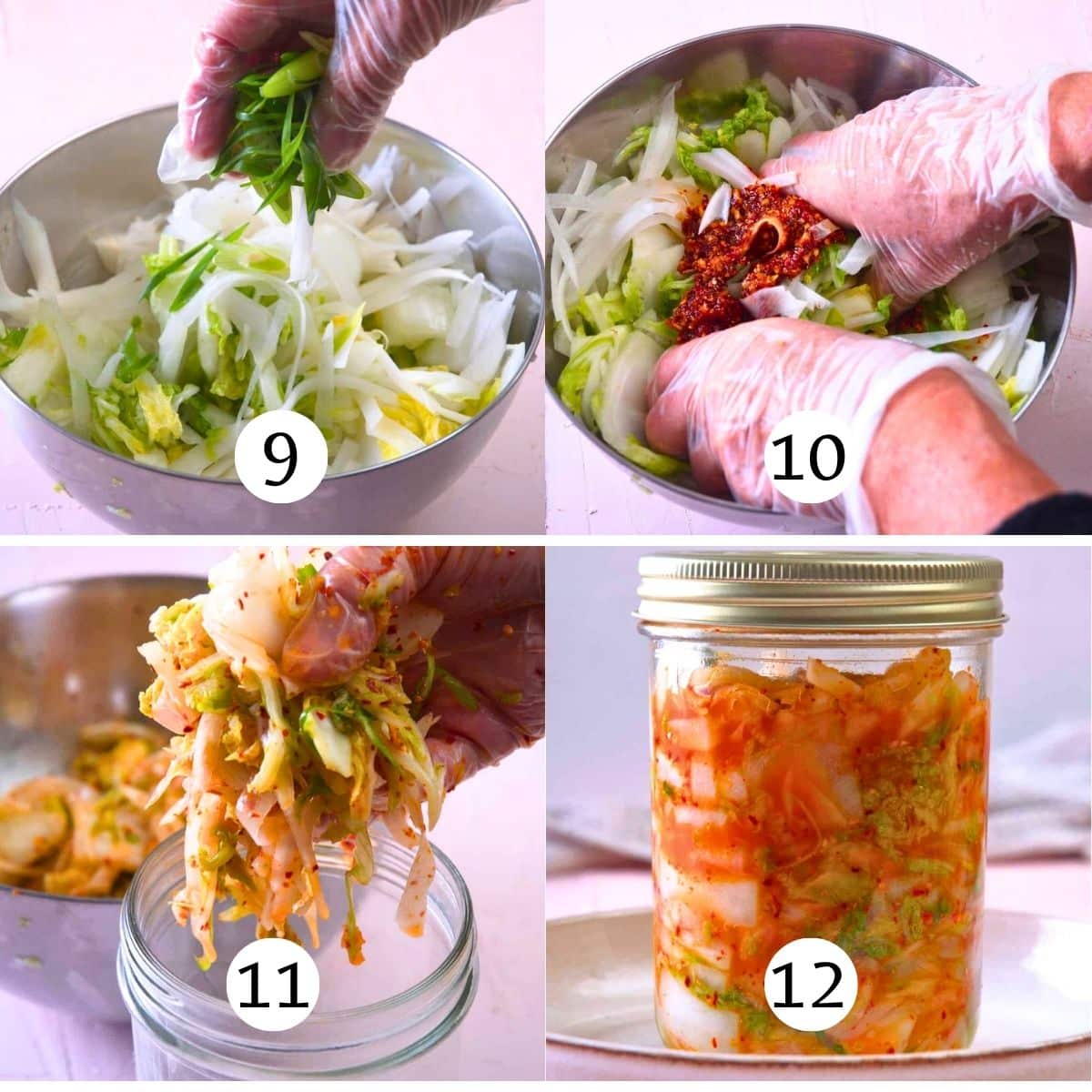 Steps collage of how to make kimchi at home. Adding paste and fermenting.