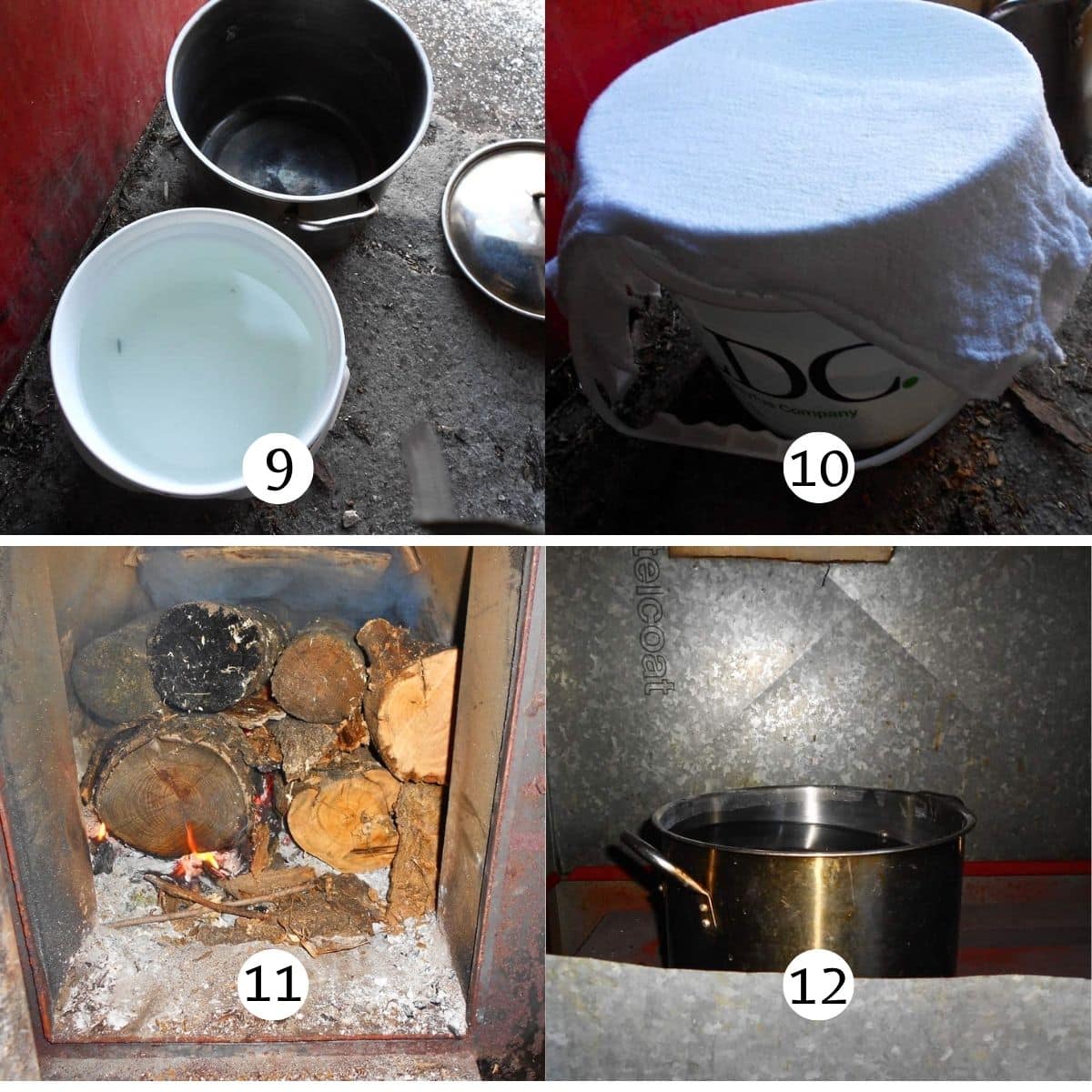 Image collage of maple water getting strained and boiled down.