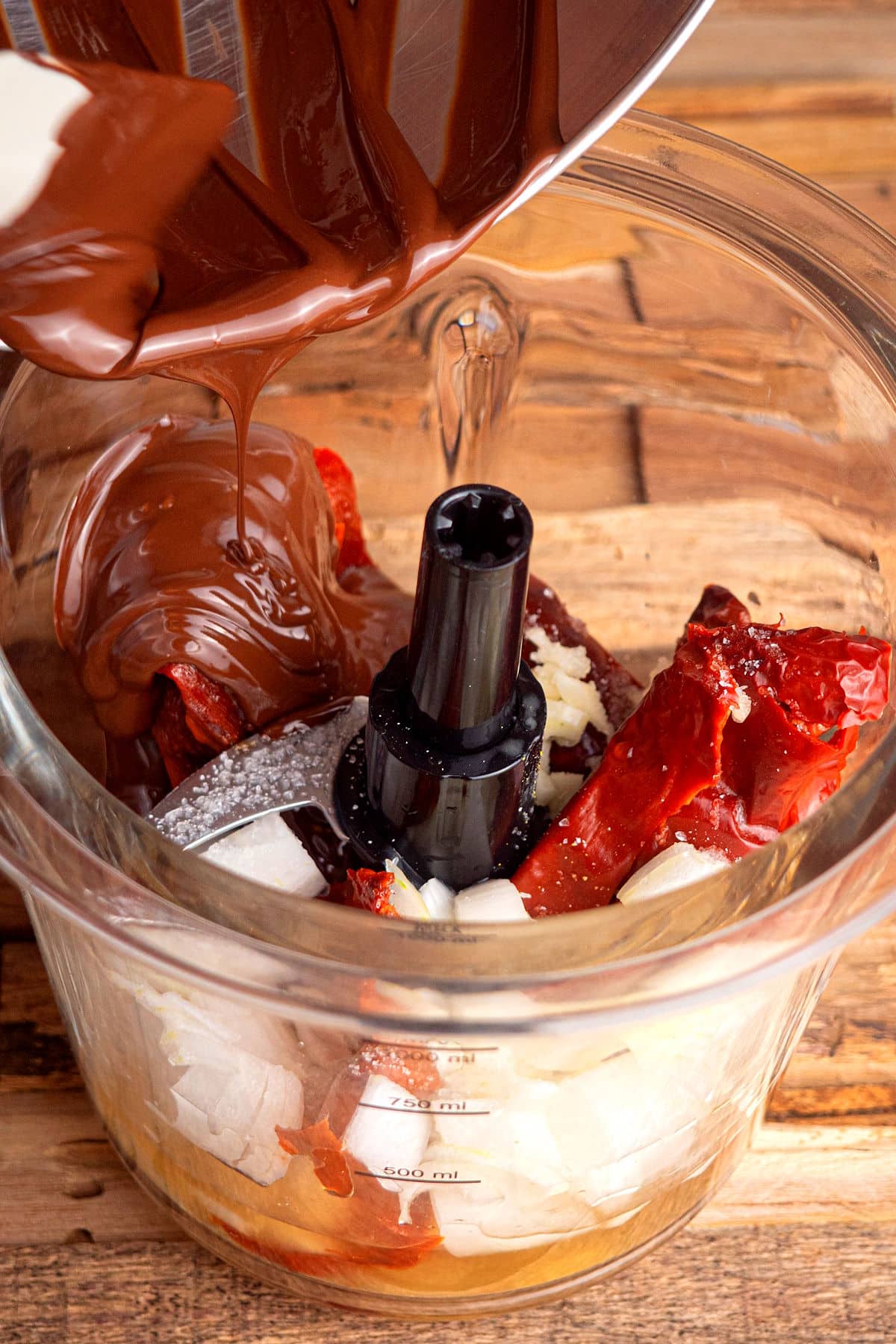 Mole sauce ingredients in food processor.