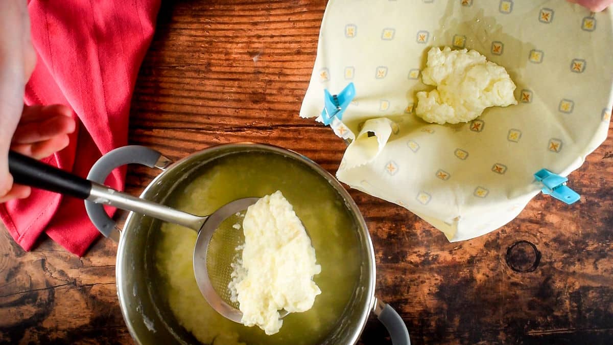 Ricotta cheese in a strainer.