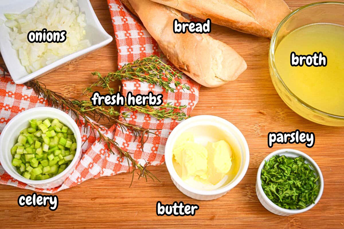 Thanksgiving stuffing ingredients labeled.