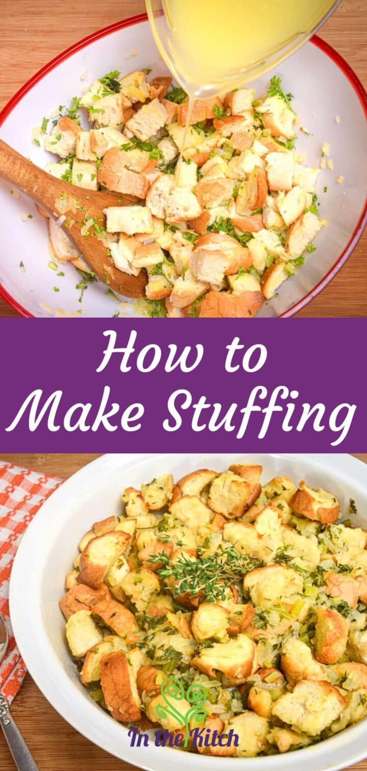 Stuffing in baking dish with text overlay that says 'how to make stuffing'.