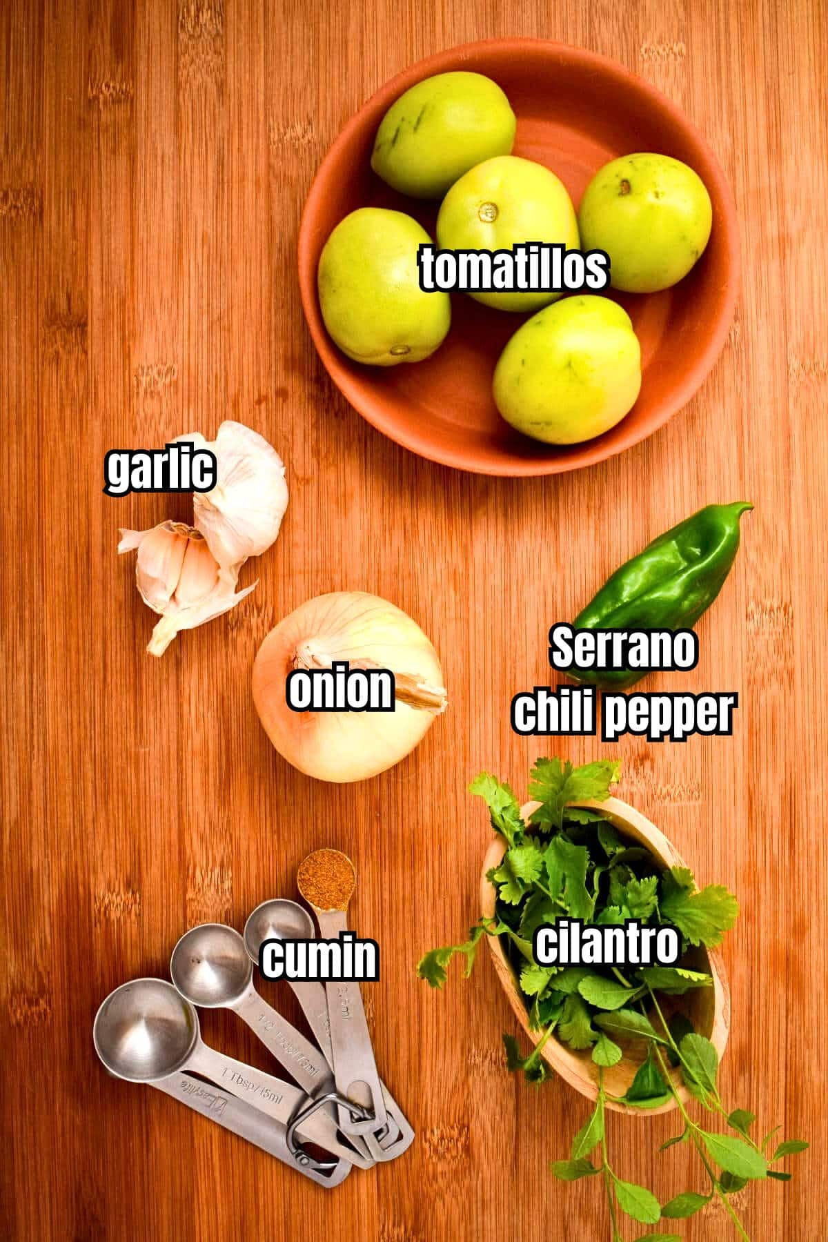 Tomatillo salsa ingredients labeled.