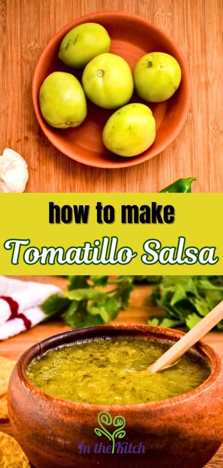 Tomatillos and tomatillo salsa with text overlay that says 'how to make tomatillo salsa'.