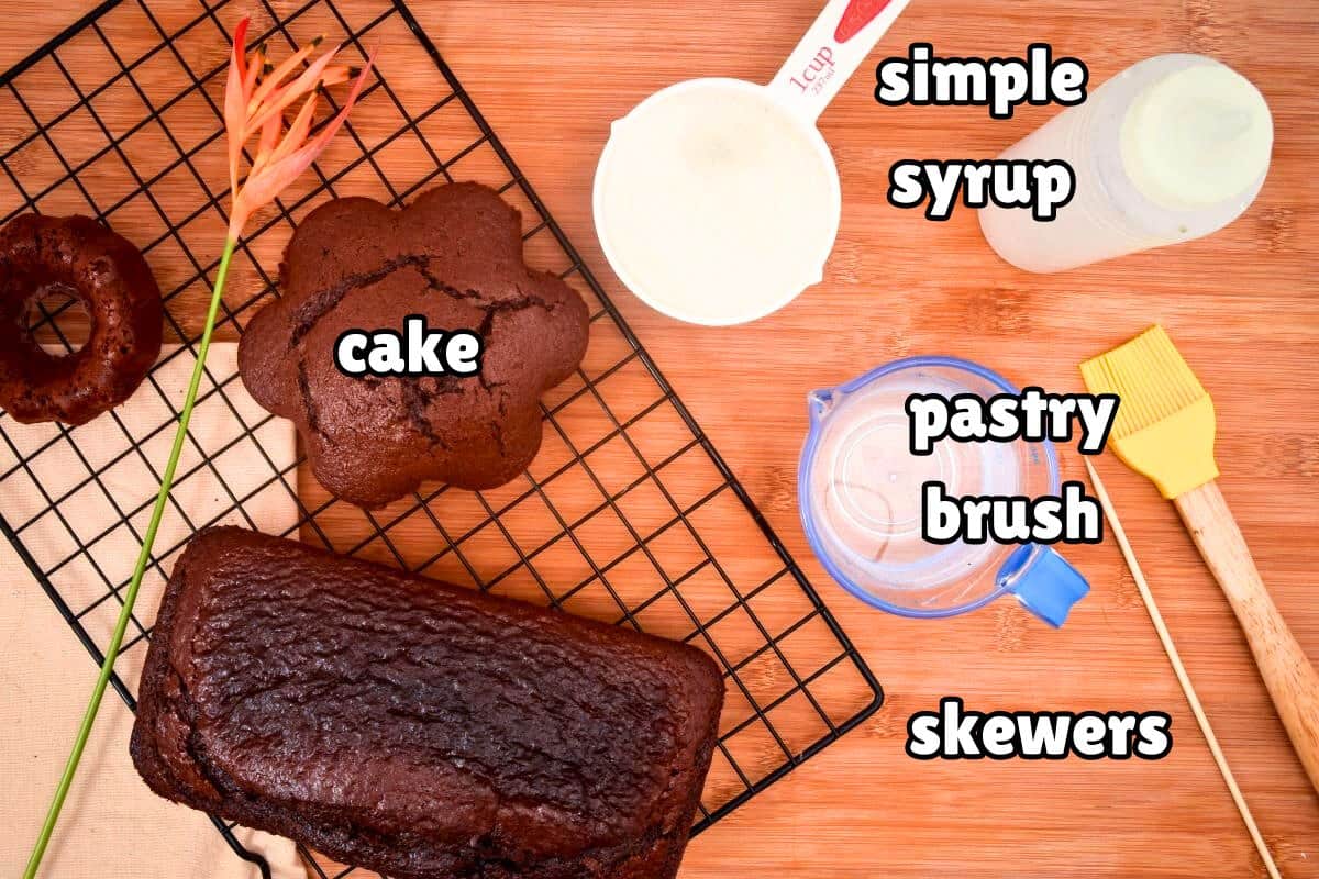 Moist chocolate cake ingredients and tools prepped and labeled.