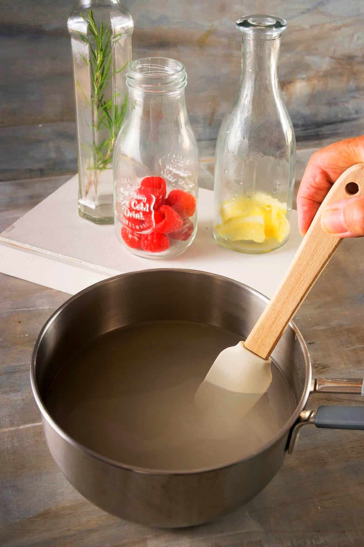 Pot with sugar and water.