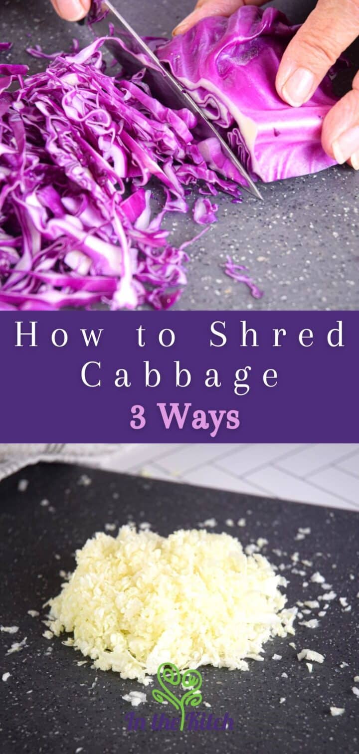 Red and green shredded cabbage with text overlay that says 'how to shred cabbage 3 ways'.