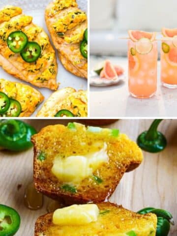 Jalapeño chicken, cornbread muffins and grapefruit cocktail in image collage.