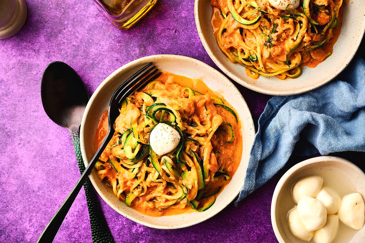 Zucchini noodles in bowls with bocconcini on purple background.