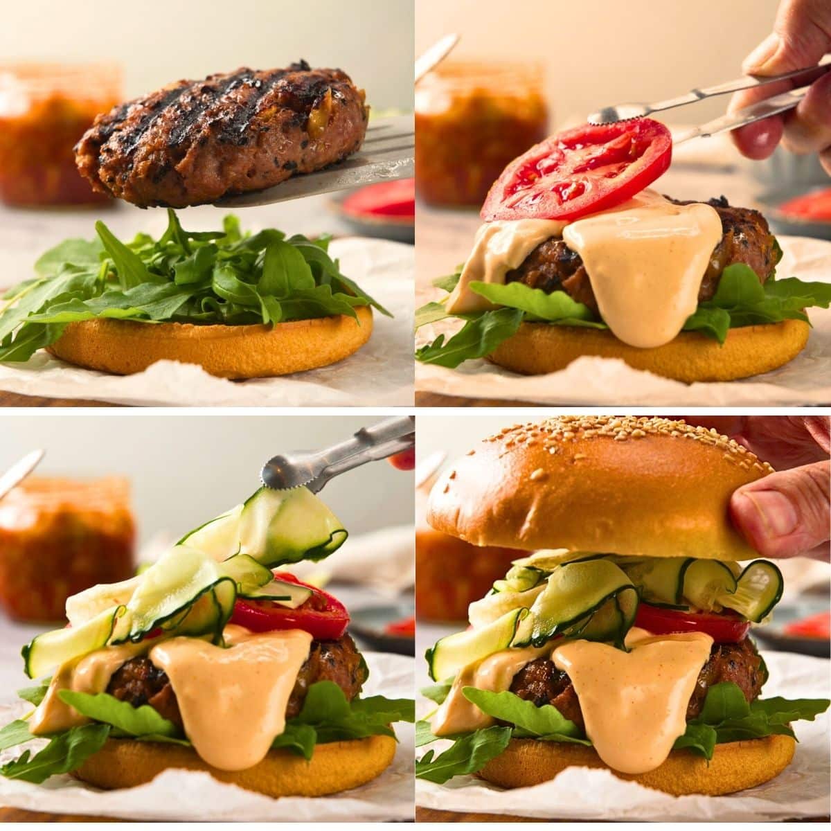 Image collage of assembling a kimchi burger.