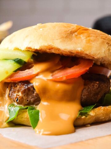 Kimchi burger with creamy kimchi sauce.