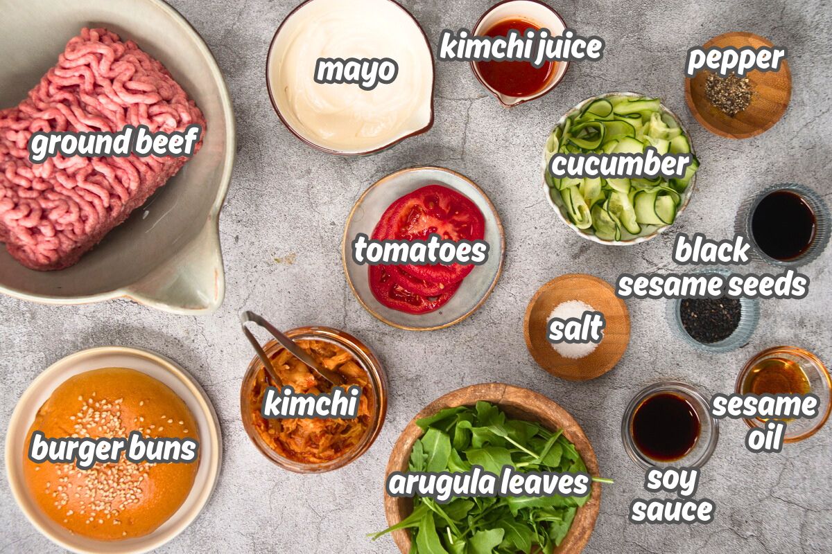 Kimchi burger ingredients prepped and labeled.
