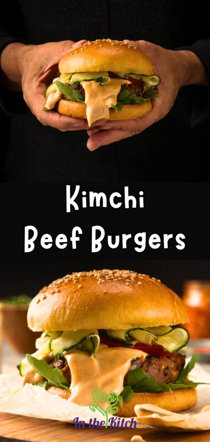 Kimchi beef burger with sauce in hand and on parchment with text overlay that says 'kimchi beef burgers'.