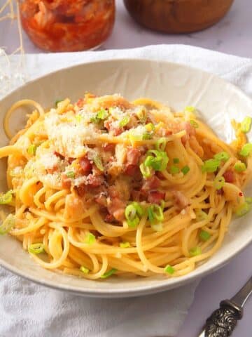 Kimchi carbonara in a bowl.