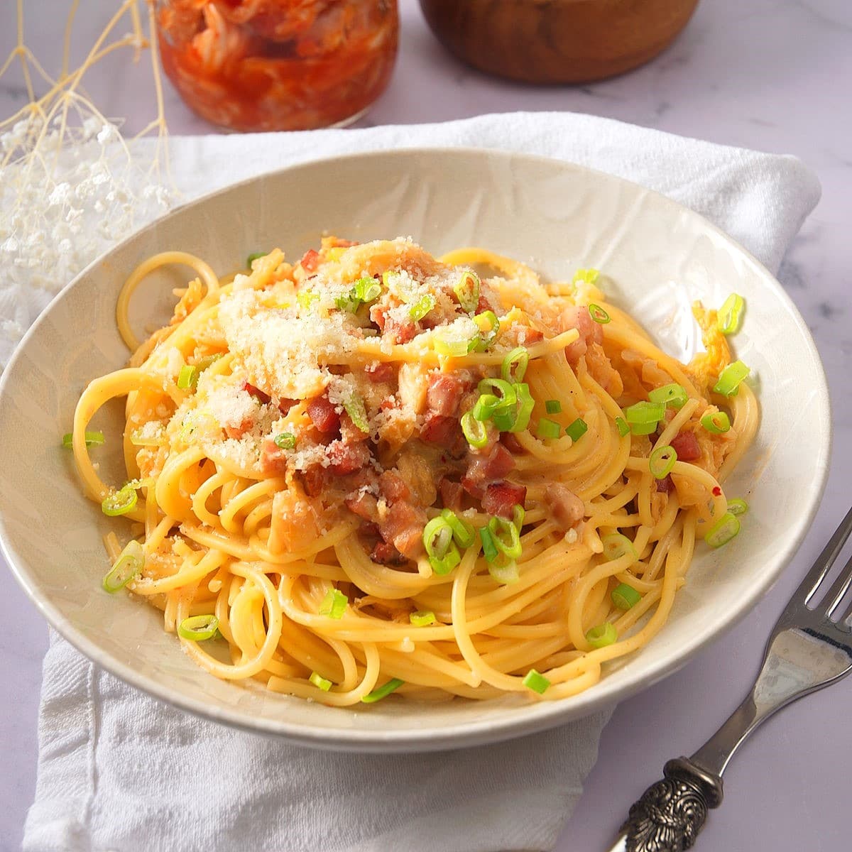 Kimchi carbonara in a bowl.