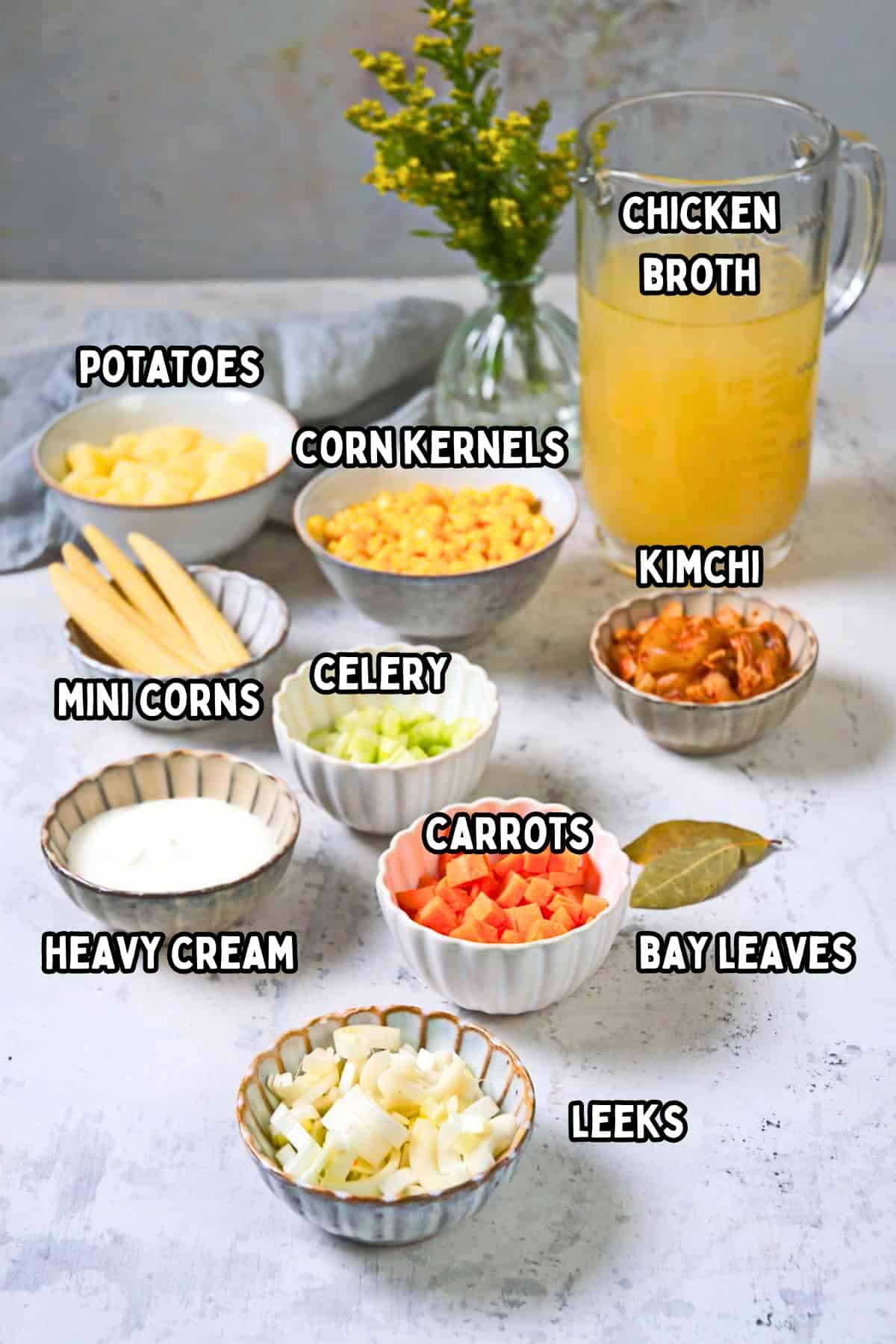 Kimchi chowder ingredients labeled.