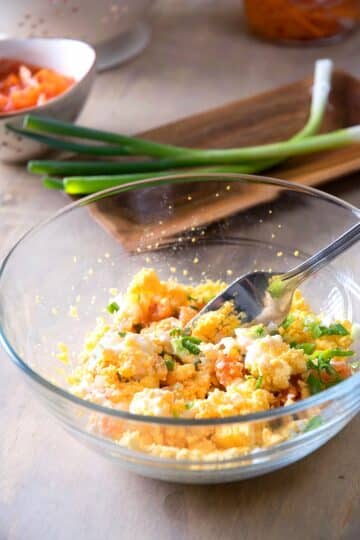Deviled egg mixture in bowl.