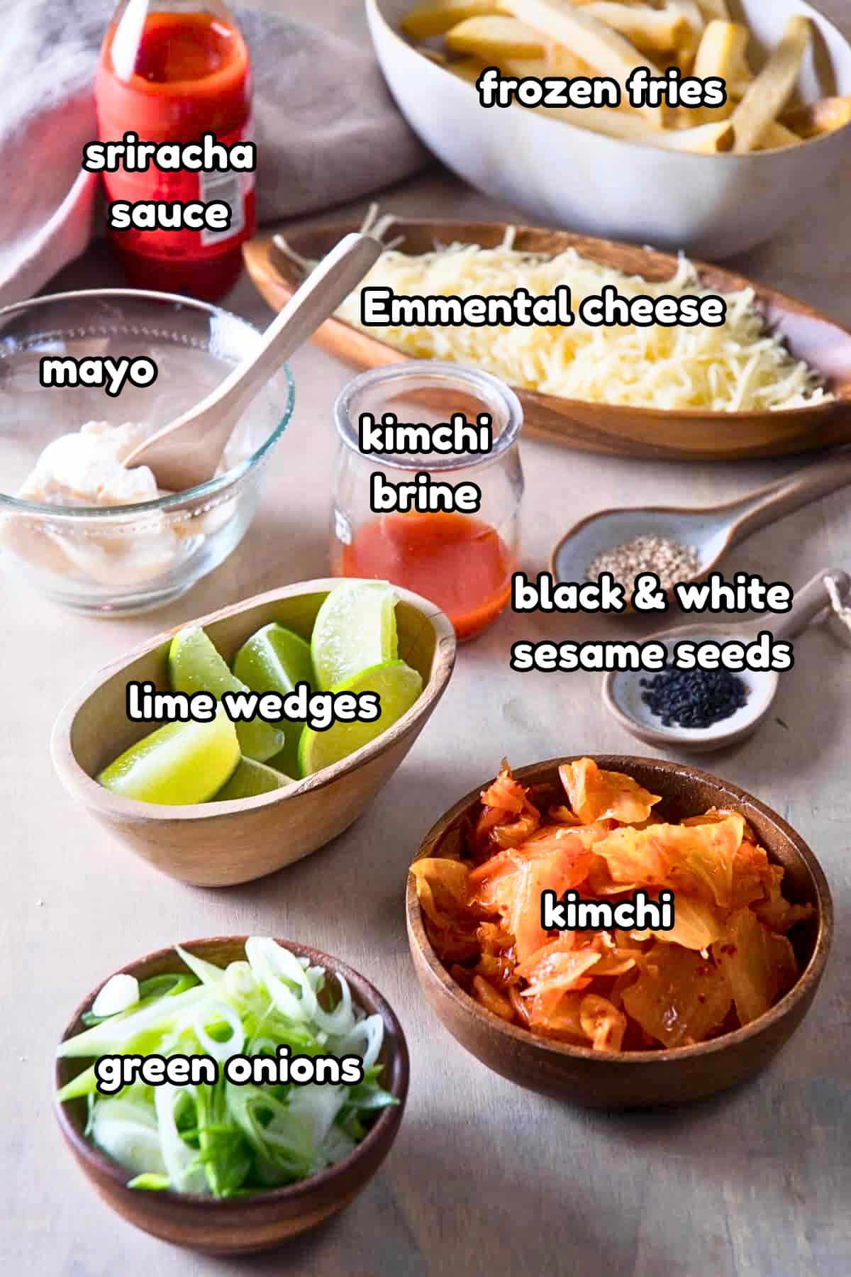 Kimchi fries ingredients prepped and labeled.