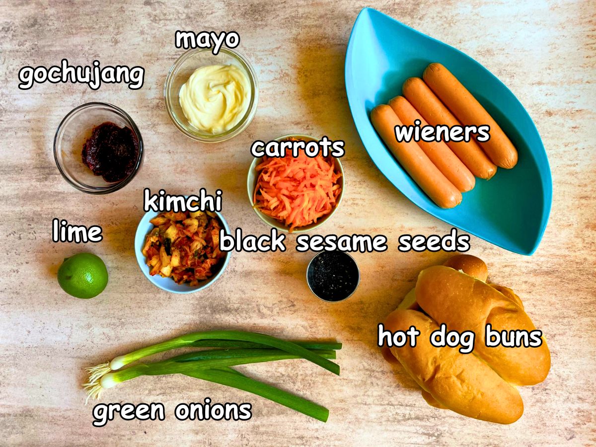 Kimchi hot dog ingredients labeled.